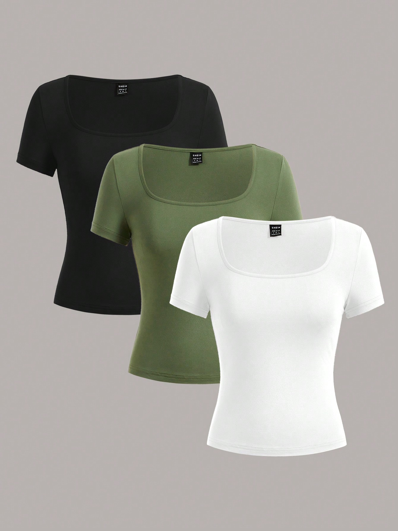 SHEIN EZwear 3pcs Crop-Sleeved Slim Fit Women T-Shirts (Black, White & Green)