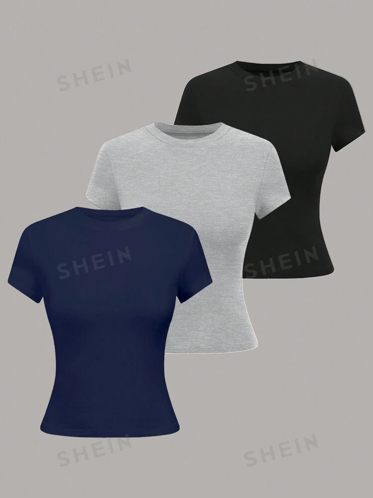 SHEIN LUNE Women's Round Neck Short Sleeve Solid Color Casual Simple Fitted Blouse