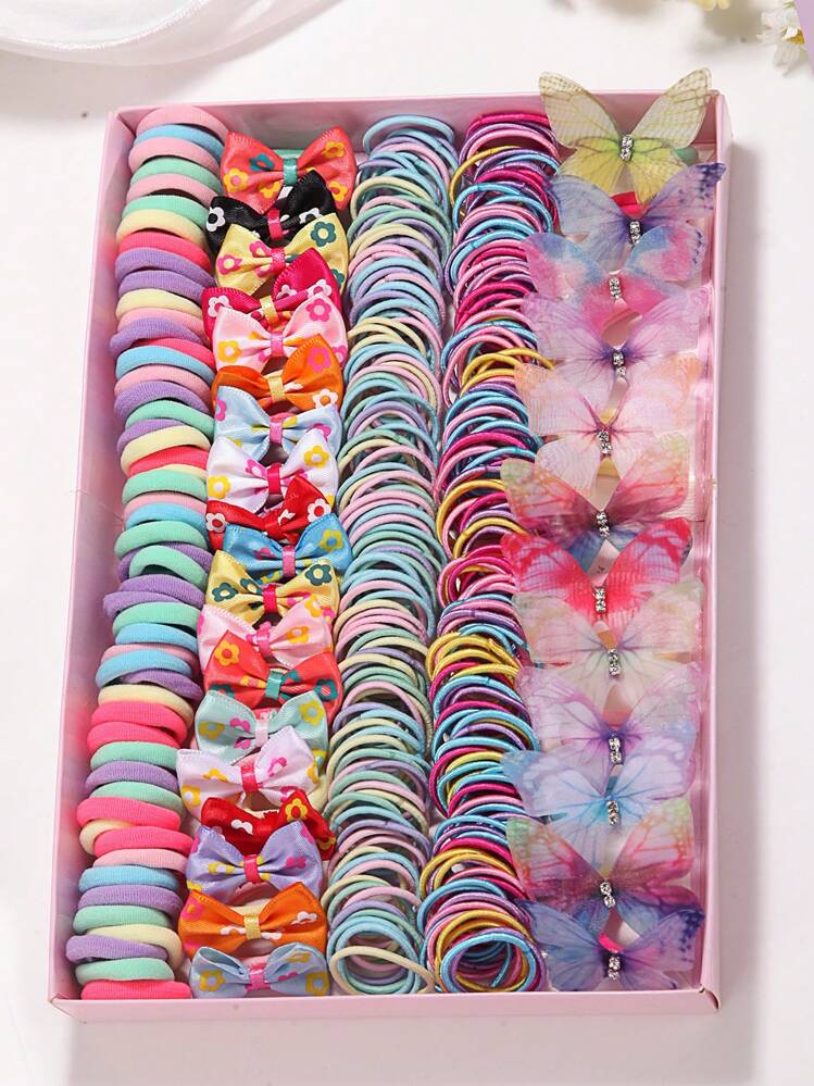 266pcs Girls Multicolored Hair Ties Set, Beautiful Hair Accessories Bowknot Hairbands, Elastic Rubber Bands Collection For Ponytail Hairstyling