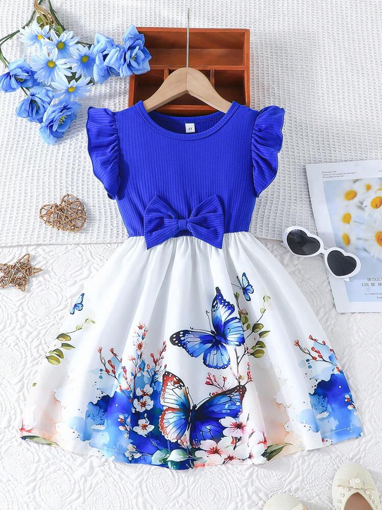 Young Girl Summer Casual Dress With Ruffled Sleeves, Bow Detail And Printed Rose Pattern