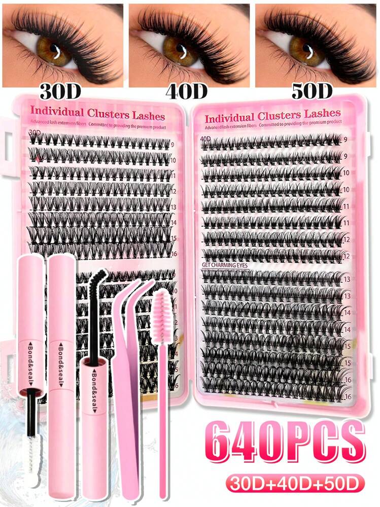 640PCS Individual Lash Clusters High Capacity 30D+40D+50D D Curl 9-16mm DIY Lash Clusters Natural Look&Extra Thick&Wispy&Ultra Soft&Super Light Reusable Individual Segmented False Eyelashes Eyelash Extension Kit With Makeup Tools Bond And Seal&Lash Tweezers&Lash Brush For Self Use At Home Or On-The-Go For Daily Life&Wedding&Dating&Party&Music Festival&Halloween