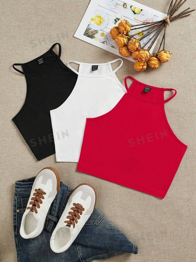 SHEIN EZwear 3pcs/Pack Black, White, Red Women Racerback Fitted Tank Tops, Suitable For Summer