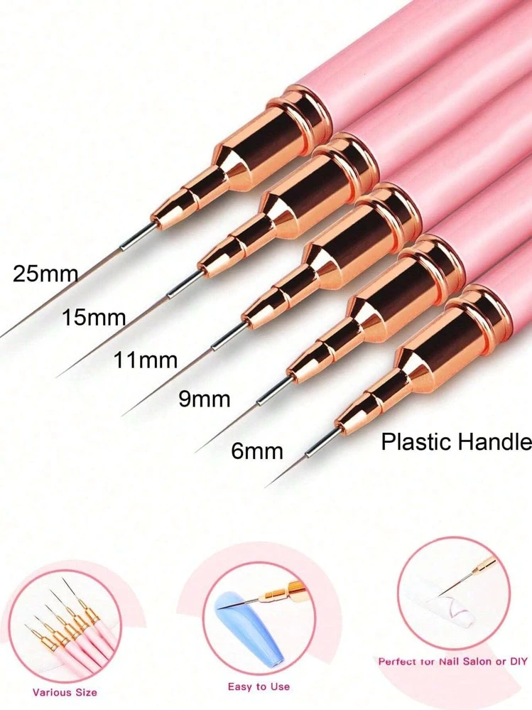 Nail Art Liner Brushes, 5Pcs Painting Nail Art Brush 5pcs/Set Plastic Handle Nail Dotting Drawing Tool For Long Lines, Fine Drawing Sizes 6/9/11/15/25mm(Pink Gold) Painting Design Tools Nail Fine Drawing Pen