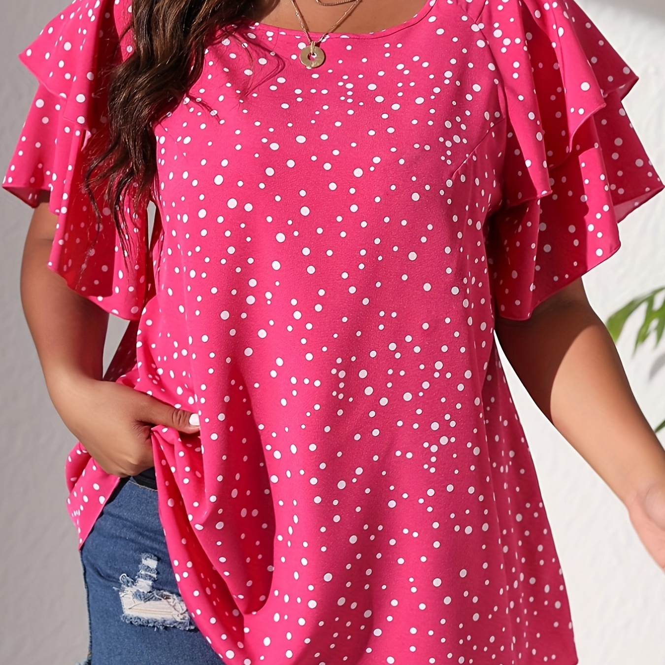 Plus Size Chic Polka Dot Blouse - Flattering Layered Sleeves & Oversized Fit - Fashionable Casual Wear for Women