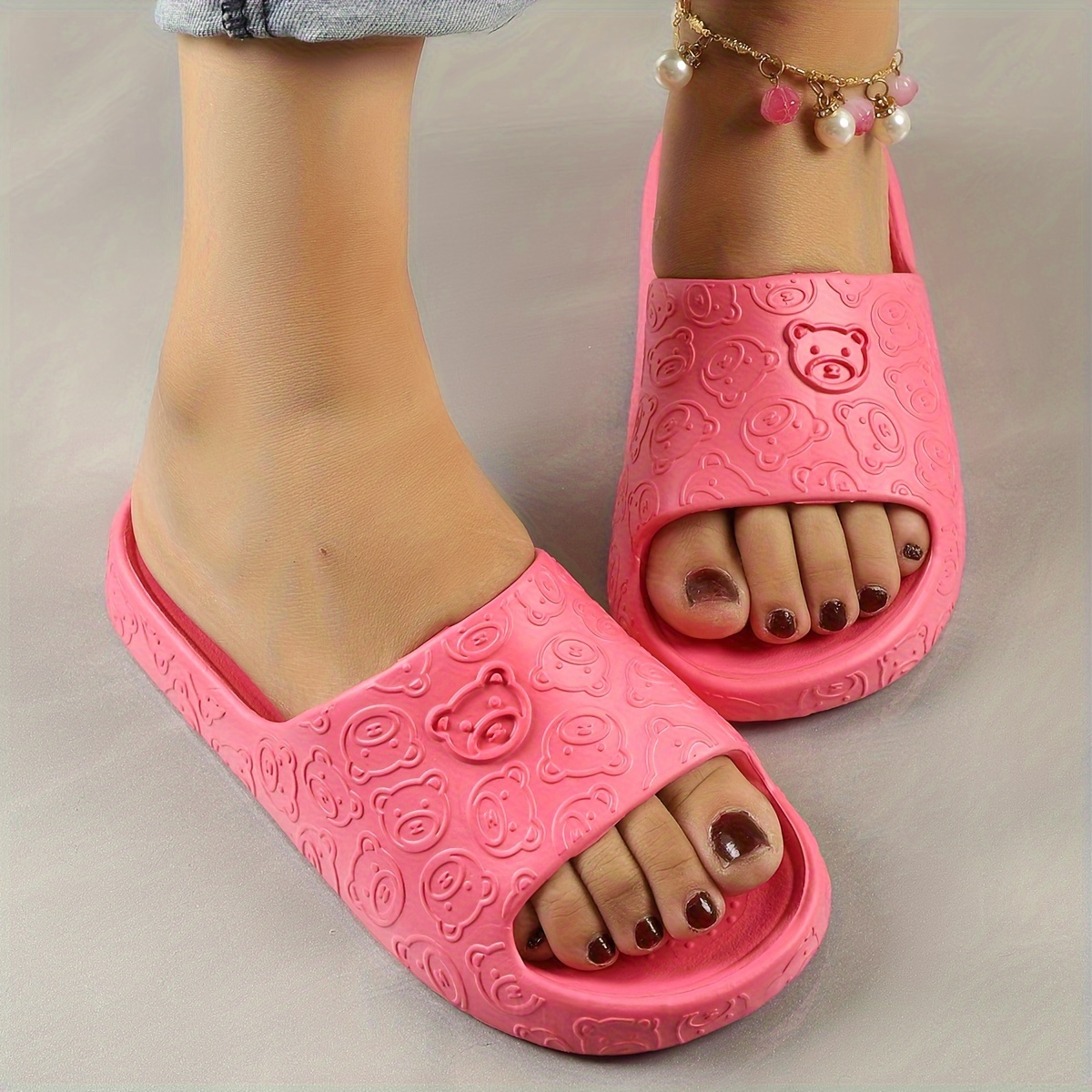 Women's Cute Bear Pattern Slides, Casual Open Toe Soft Sole Shoes, Lightweight Slip On Beach Slides