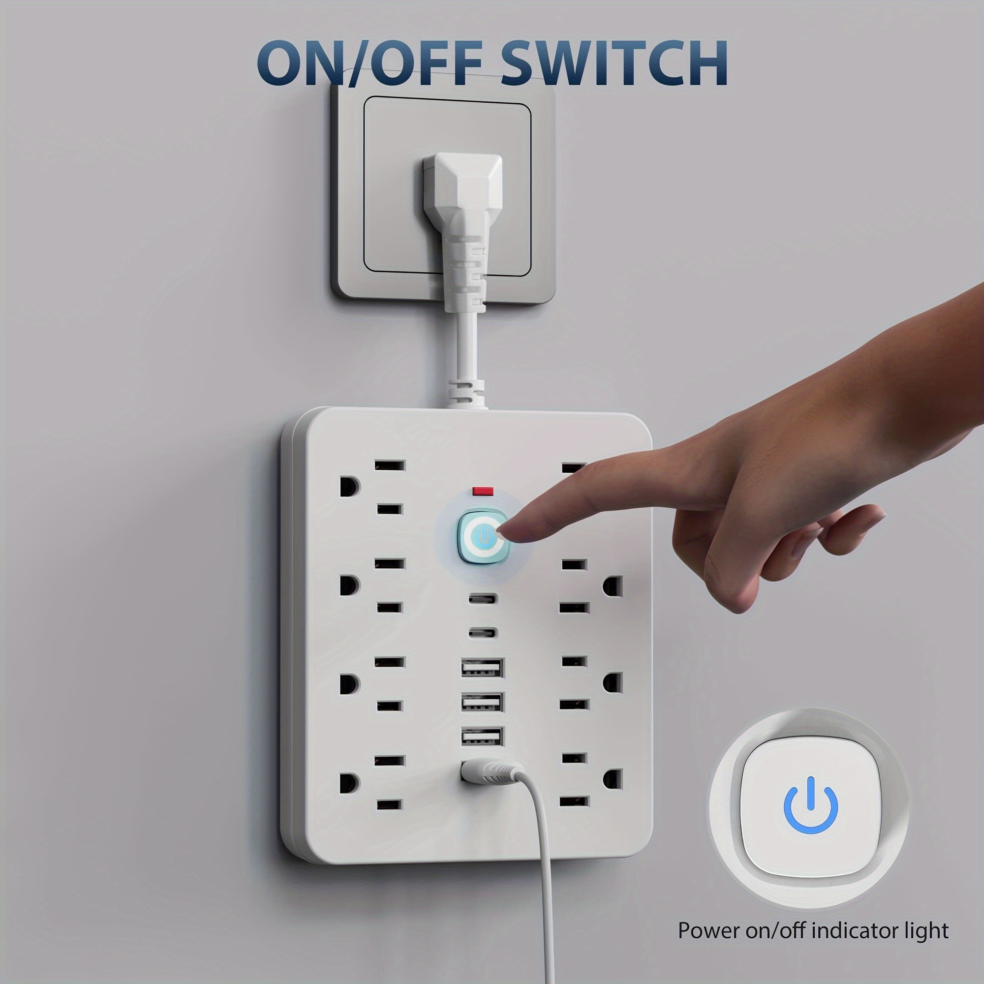 14-in-1 Power Strip with Surge Protection and One-Touch Control Switch - 4 Spacious AC Outlets with 6 USB Ports (including 2 Type-C) - Wall-Mountable Extension Cord for Office, Study, Home, and School Use - US Plug, 110V-130V Rectangle Power Supply with Overload Protection