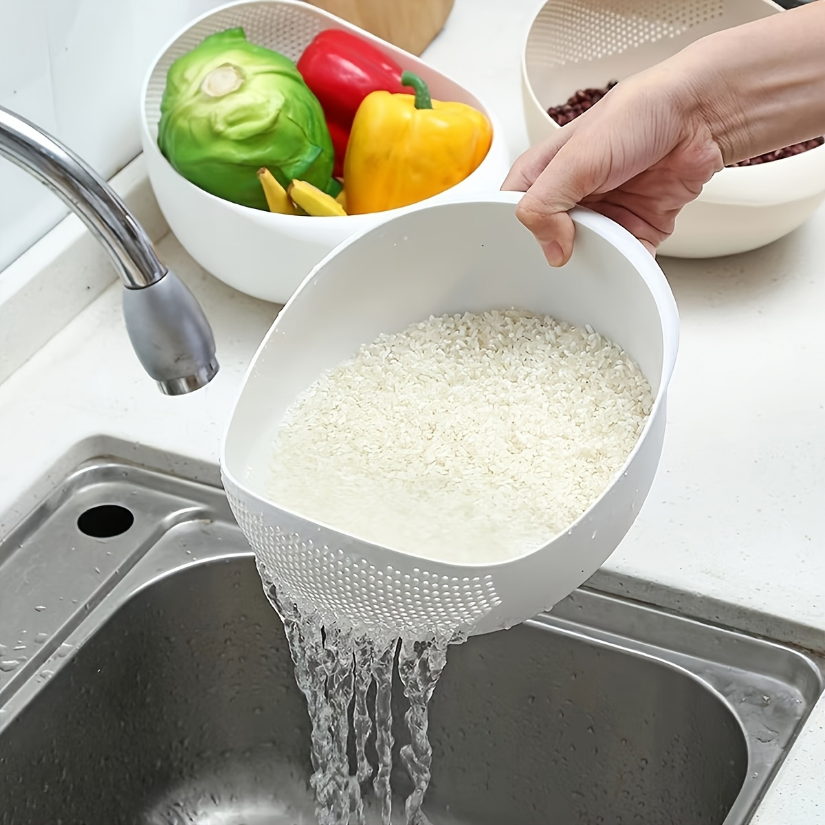 1pc Modern Plastic Kitchen Strainer Basket - Multi-Purpose Food Drain Basket for Fruits, Vegetables, Rice & Grains - Durable Perforated Design for Easy Washing & Storage - Perfect for Fresh Produce Like Tomatoes, Peppers & Onions, Vegetable Washing Basket